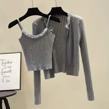 ビーズとリボンデザインの毛ニットカーディガン＆キャミソール【秋冬用・短丈】（セットアップ対応）