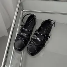 赤いマリー・ジェーンバレエシューズ【リボン付き・本革・女性用・フラットソール】