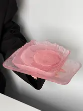 高級感あるピンク不規則デザインガラスプレート【家庭用・お菓子皿・丸型デザートトレイ】