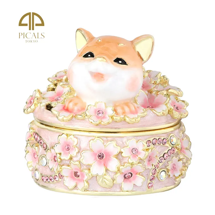 桜の柴犬デザインのジュエリーボックス【指輪やピアスの収納に最適・新婚祝いにも】