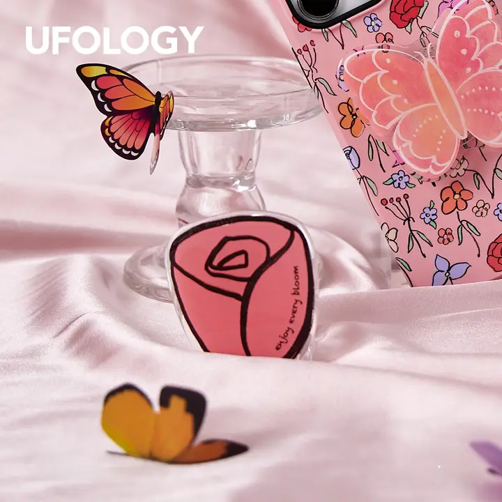 スマホリング 回転 伸縮 折りたたみ 粘着式 チューリップ 蝶々 少女 春 花柄 女性向け「Ufology」