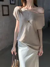 夏用 バットウィングスリーブのオフショルダーニットTシャツ【ワンショルダー・チックデザイン】