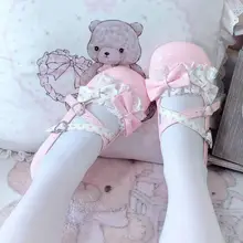 ラッフルリボン付きバレエスタイルロリータシューズ【中ヒール・丸いつま先・JKスタイル】