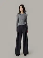 小柄女性向け グレーの高腰ストレートパンツ【春用・ドレープ感・ワイドレッグ】（セットアップ対応）