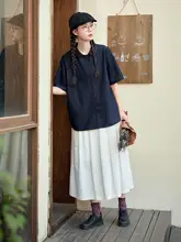 カジュアルデザインの濃紺デニムシャツ【レディース・半袖・コットン・緩やかなシルエット】