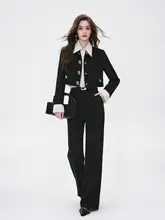 黒のデザイン職業短丈ジャケット【女性用・長パンツ・極上の柔らかさ・上品スタイル】（セットアップ対応）