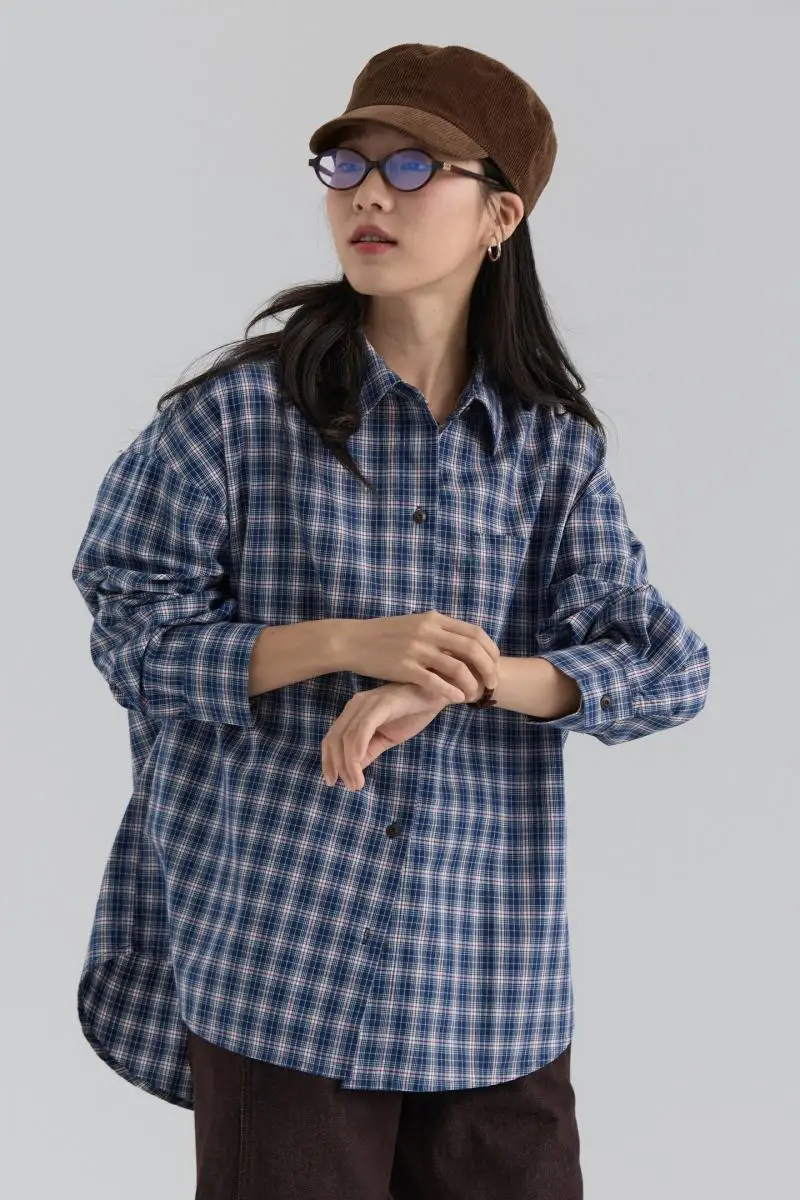 チェック柄のコットンシャツ【ゆったりした韓国風・通勤スタイル・春用・女性用】