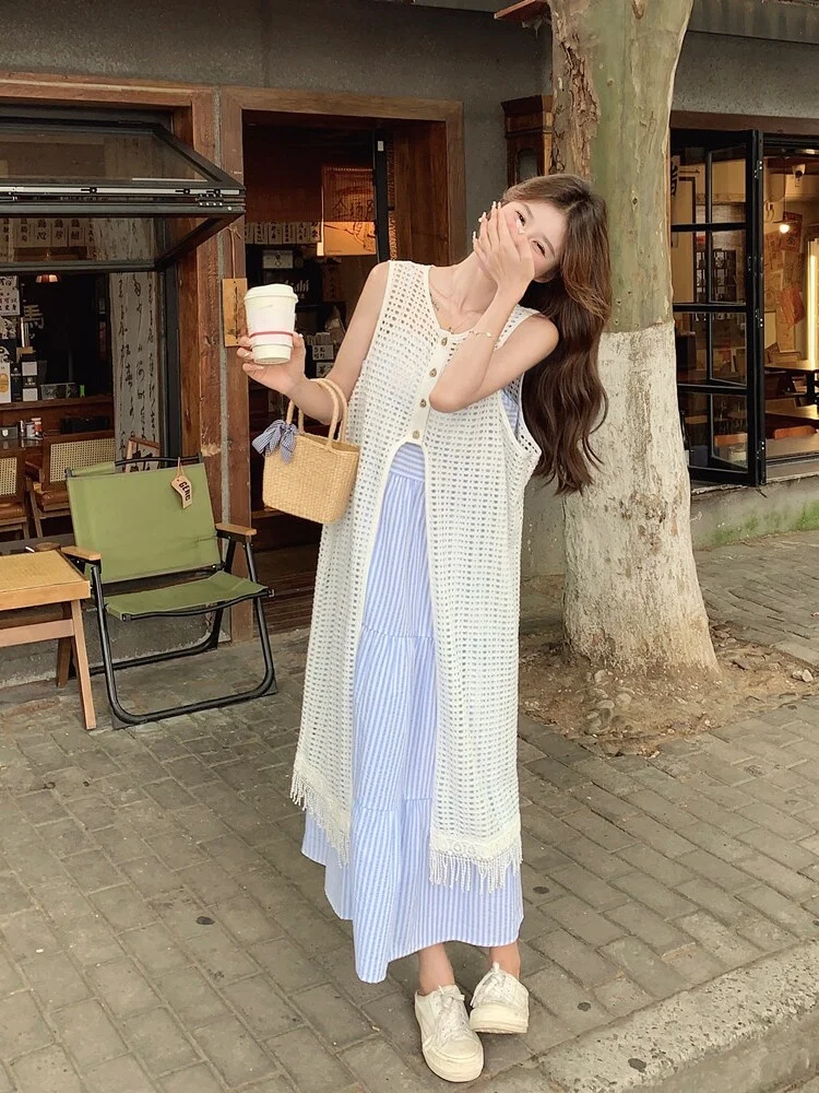 韓国風シンプル透かしデザインの連衣裙：今流行りのファッションレディースに最適な夏用セットアップ