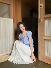 レース付きリボンカラーのストライプ半袖シャツ【女性用・夏用・ゆったりデザイン】