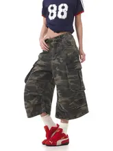 アメリカンレトロスタイル迷彩ワークパンツ【大口ポケット・プリーツデザイン・ユニセックス・ルーズフィット・七分丈】