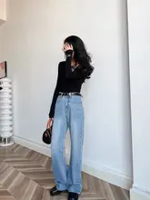高級感ある浅青色ハイウエストストレートデニムパンツ【ノンストレッチ・柔らかい・スリム効果】