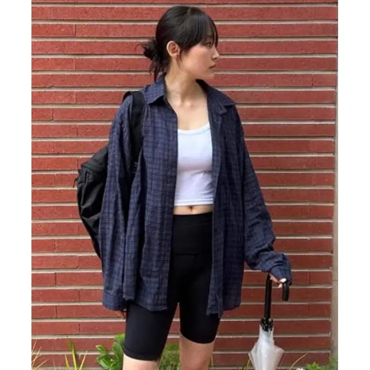 春用 ゆったりカジュアルチェックシャツ【薄手・フロントボタン・ターコイズブルー】