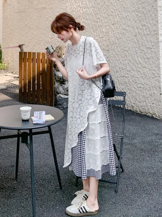 不規則レース切替の2点コーデ【トレンド・重ね着・ミニスカート】（セットアップ対応）