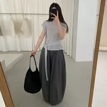 春夏用 ウエストゴム付きカジュアルワイドパンツ【空気感のあるデザイン・ドレープ感・レディース】（セットアップ対応）