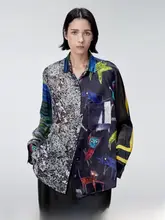 シャツ 女性 ゆったり グラデーションプリント 襟付き シルク 長袖 通勤 シンプル