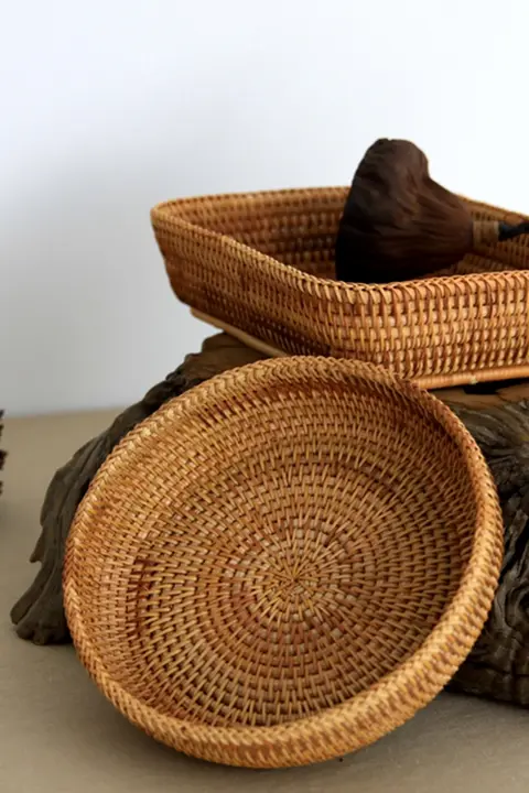 ベトナム製 ラタン収納ボックス【丸型・長方形・茶道・茶器用アクセサリー】