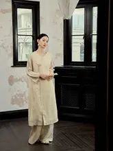 中華デザインの絹サテンワイドレッグパンツ【フラワーパターン・ゆったりシルエット・プリーツ付き】