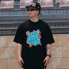 半袖Tシャツ ユニセックス レタードグラフィック アメリカン風 ストリート クルーネック 狭め襟元 ドロップショルダー ルーズ ダンス「FBS」