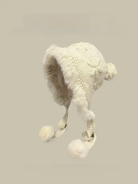 ニット帽子 レディース 【冬・愛い・保温・耳あて・うさぎファー・手編み・ポンポン】