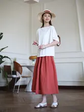 ZAN オリジナル 夏用 文芸風 Aライン 中長丈 麻 半身スカート【コーディネートしやすい・スリム効果】