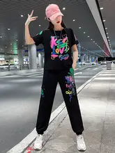 夏用コットン製ダンスウェア【プリントTシャツ・フィットネス用・束脚パンツ・ 運動カジュアル】（セットアップ対応）