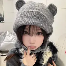 ハートボタン付きクマ耳毛糸帽子【保温・耳あて・カップル向け】