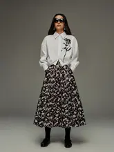 アート風 朝顔柄 Aラインプリントスカート【膝下丈・デザイン性】