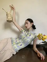 夏用 涼しげな雪纺無袖Tシャツ【グラデーションプリント・短袖・ひだデザイン】