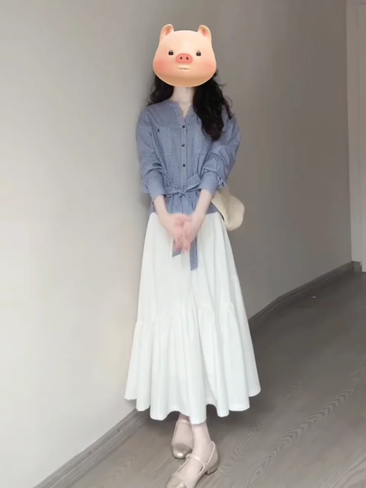柔らかいチェック柄シャツとスカートのコーディネート【カジュアル・ユニークデザイン】（セットアップ対応）