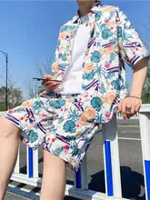夏用ハワイアン半袖アイスシルクシャツとショートパンツ【ゆったりサイズ・メンズ・カジュアルデザイン】（セットアップ対応）