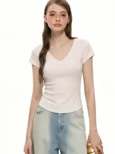 Vネック短袖Tシャツ【女性用・無地・ウエスト絞り・夏用】