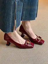 春秋用 ソフトエナメル質感のハイヒール【シンプルなスクエアトゥ・小猫ヒール・通勤用】