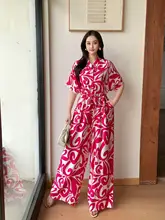 リゾートスタイルの女性用ワンピース【ウエスト絞り・ロング・スリムフィット・花柄・ワイドレッグ】（セットアップ対応）