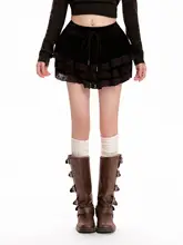 コーヒー色ベロアレース付きフレアスカート【ハイウエスト・Aライン・秋冬用】