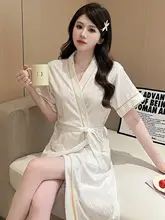 夏用の優しいデザイン！薄手コットン製中長丈短袖スリーブガウン【セクシー・ホームウェア】