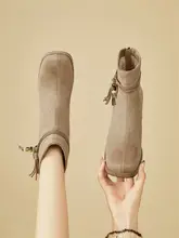 冬用ヒールブーツ【加絨・スリムデザイン・スクエアトゥ・太ヒール】