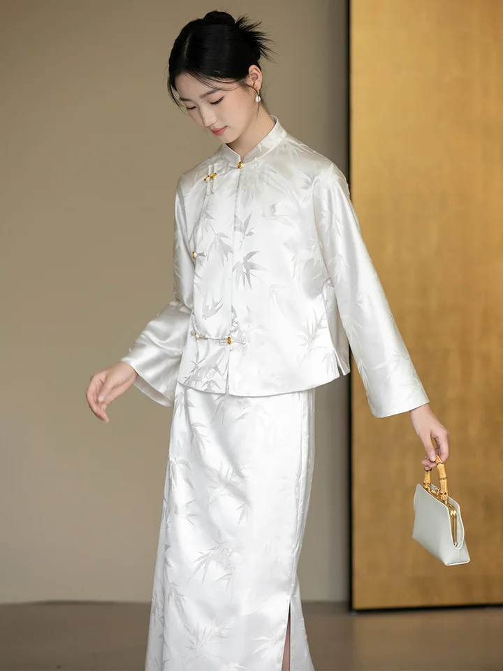 中式デザインの外套【茶服・半袖・提花仕立て・スカート付き】（セットアップ対応）