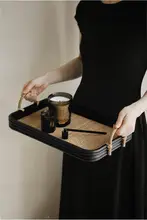 ウッド製ヴィンテージスタイル角型トレイ【茶室・藤編み・高級感】