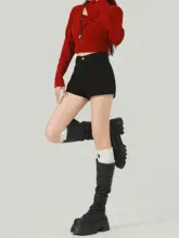 黒色ハイウエスト ビンテージコーデュロイカジュアルショートパンツ【スリムフィット・Aライン・女性用】（セットアップ対応）