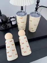 かわいらしいデザインの不織布装飾付きステンレス製保温マグカップ【犬デザイン・コンパクトサイズ・ギフト用】