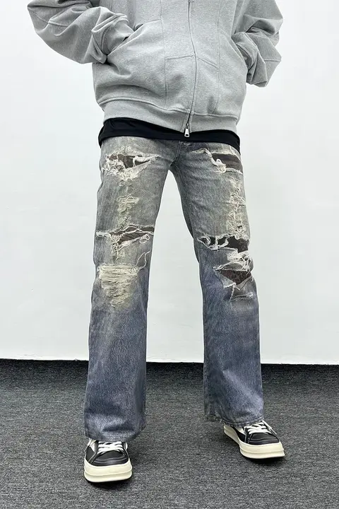 ヴィンテージ風3Dデジタルプリントデニムパンツ【ダメージ加工・カジュアルスタイル・男性用】