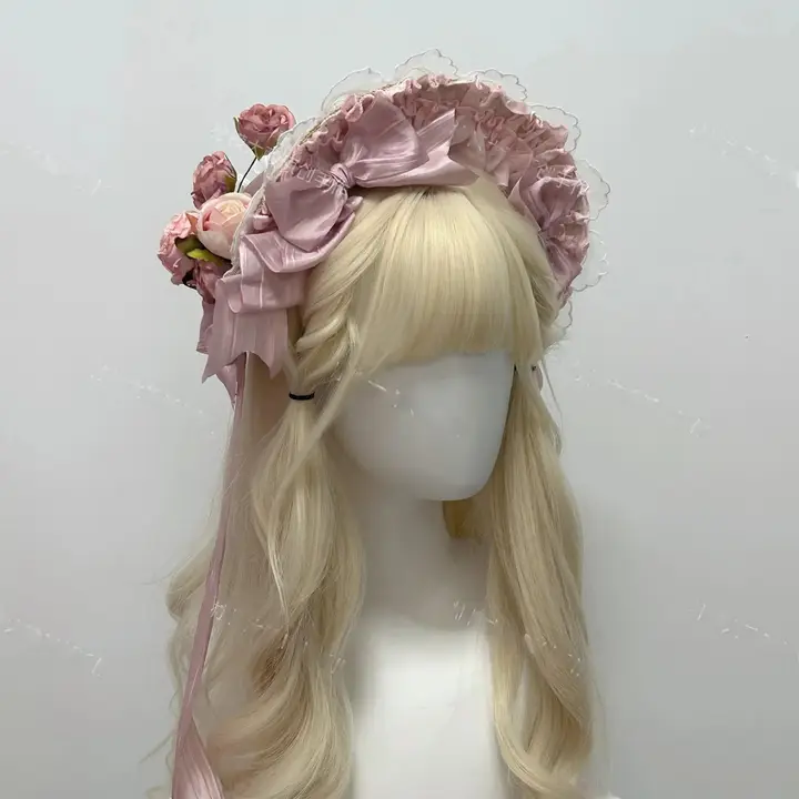枯れ葉のバラをあしらった手作りロリタ風ボネ【華やかなヘッドアクセサリー】