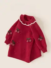秋冬用 フラワーレースカラー 子供用赤いニットワンピース【ゆったりデザイン・チェリーモチーフ・クリスマス】
（セットアップ対応）