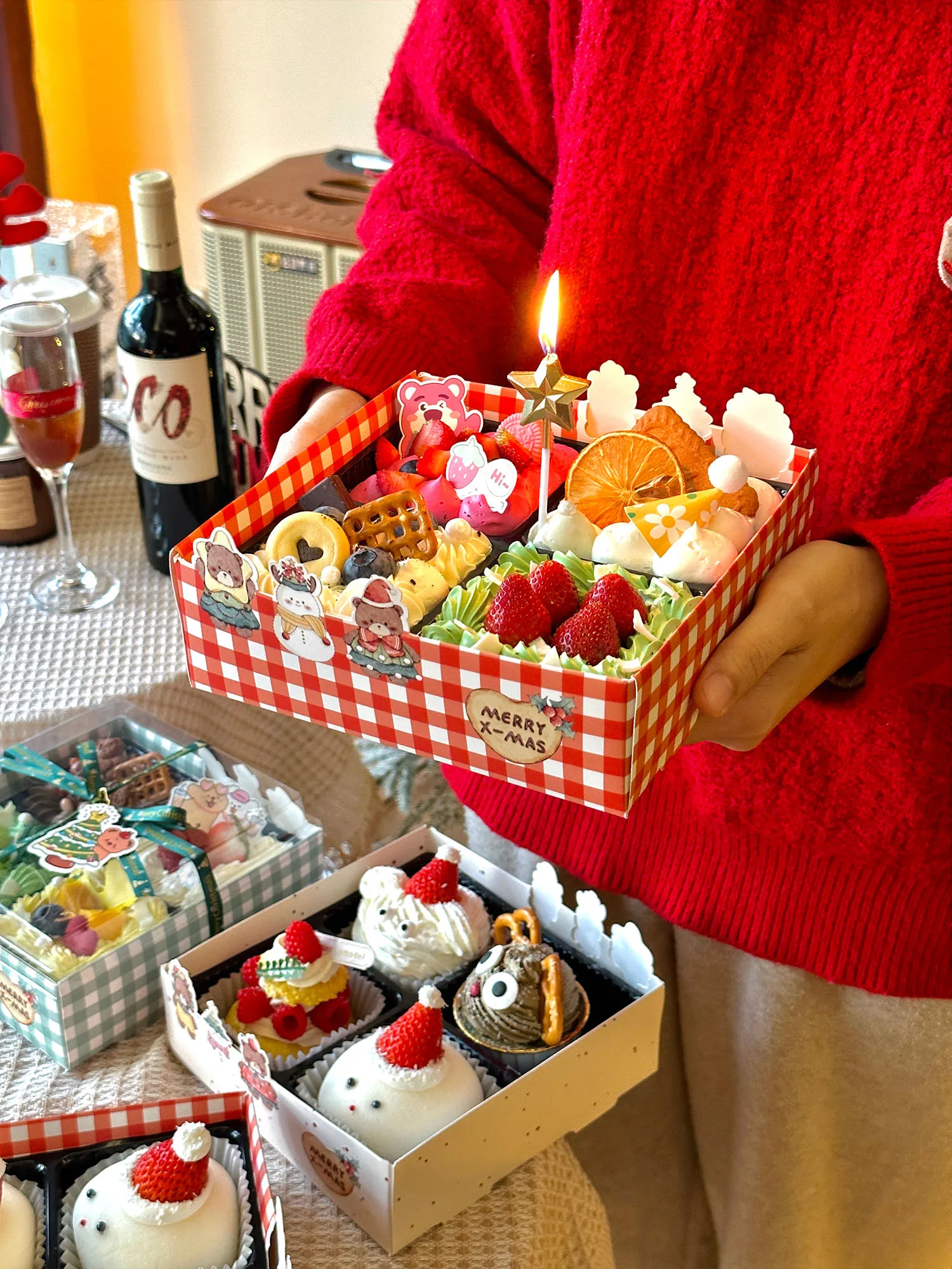 クリスマスケーキボックス四分割デザイン スイーツ用 持ち運び便利
