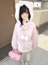 可愛い猫柄のロリータ風フード付き暖かコート【ピンク・女性用】