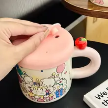 可愛い犬デザインのストロー付き陶器マグカップ【フタ付き・誕生日プレゼントに最適】