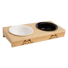 黒い陶器製キャットボウル【竹製のスタンド付き・安定設計・フード兼用・水用】（セットアップ対応）