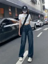ヴィンテージスタイルのハイウエストワイドレッグデニムパンツ【梨型体型対応・小柄向け】
