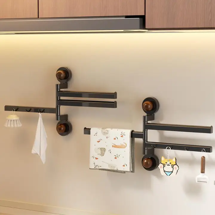 おしゃれなキッチン用回転吸盤タイプの布巾水切りラック【多機能・フック付き】