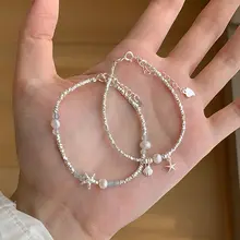 純銀製 アクアマリン 海星とパールのブレスレット【夏用・重ねづけ対応】